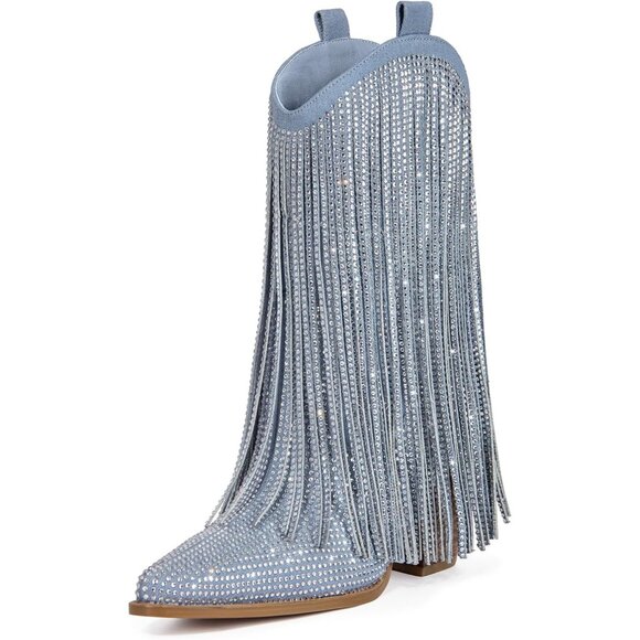 Women's Rhinestone Denim Polyurethane Pull-On Glitter Tassel Side Zipper Boots - Picture 1 of 7